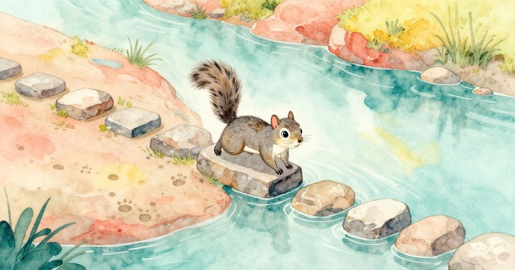 灰松鼠在廣闊河邊岩石上跳躍，風吹拂尾巴，遠處溪流和小徑襯托出冒險熱情。