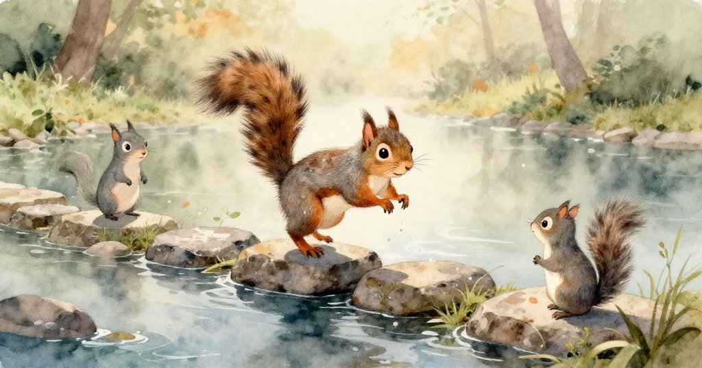 灰松鼠探險過程中發現近距離閃亮綠色彈珠，破損長椅和反光細節喚起無比好奇心。