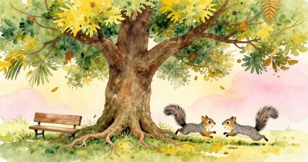 灰松鼠衝向蔥郁橡樹，躲避交錯樹根與破損長椅，高處視角展現自然動感與生機。