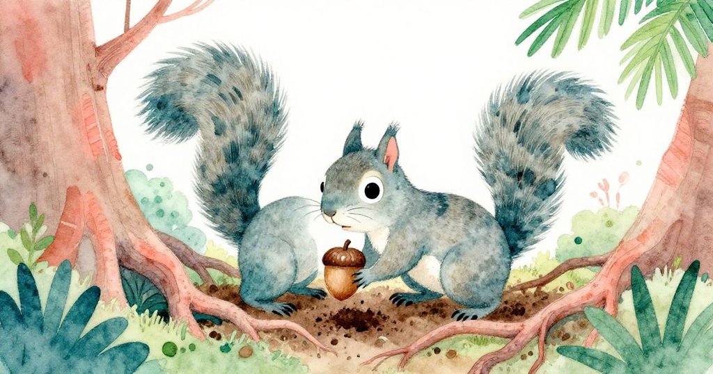 灰松鼠努力用爪挖掘夯實泥土中樹根之間，緊握橡果展現堅毅與挑戰精神。