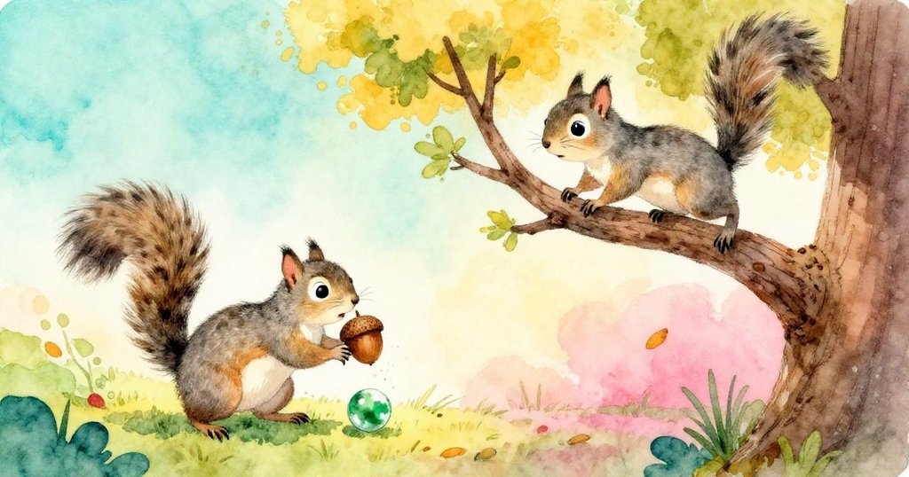 灰松鼠尾揮散塵埃後躍向新樹枝，隱藏橡果與彈珠象徵冒險結束與未來希望。