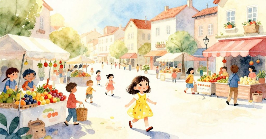 清晨陽光灑落熱鬧市集，Tessa興奮地穿行於水果攤間，背景人群與建築細節呈現現代溫暖的氛圍。