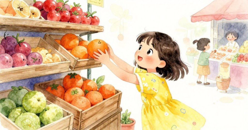 Tessa伸手從高架木箱輕輕拔取橙子，細膩呈現果實與木箱質感，神情流露出好奇與期待。