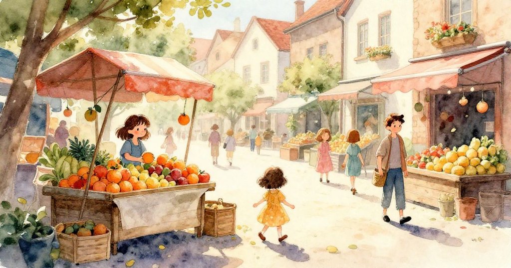 一隻綠小蛙從滾落橘子中滑至Tessa鞋上，視角獨特，突顯驚喜與趣味動態，場景細節豐富。