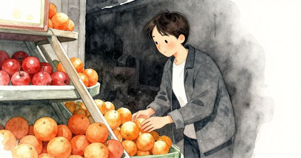 橘子滾落揭露隱藏角落，陌生人悄然現身於暗影中聚攏散落果實，營造出神秘卻暖心場景。