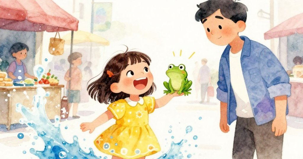 Tessa被潑水後歡笑著抱起驚訝小蛙，旁邊陌生人上前協助，情感交織溫馨動人，市場氛圍活潑。