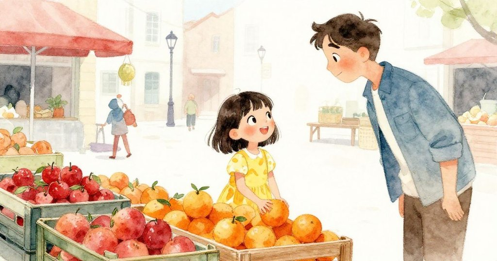 Tessa滿意挑選新橘放入野餐籃，與陌生人互換感恩微笑，市集恢復平靜溫馨，故事迎來圓滿結局。