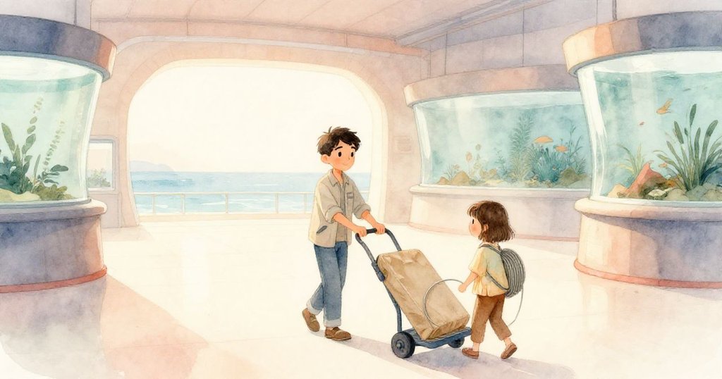 馬可推車、莉拉挑電纜進入大廳,晨光與薄霧中充滿期待與專注,呈現展覽準備的開始。