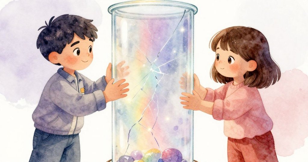 馬可與莉拉專注調整玻璃圓柱,精美裂縫射出彩虹光芒,象徵努力與脆弱之美。