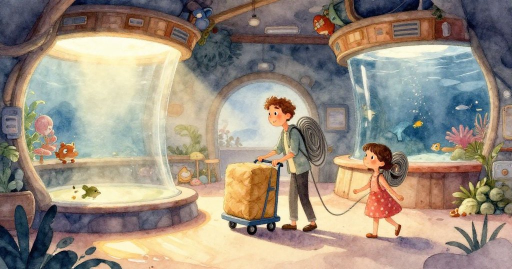 銀色海豚在玻璃內部藍光映照中優雅滑行,水紋閃動如水下芭蕾般美妙。