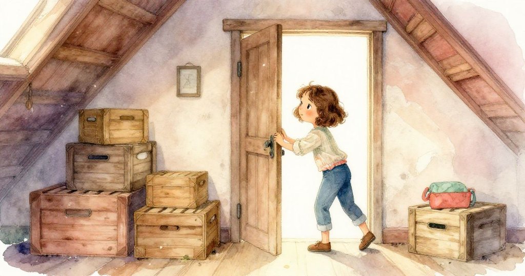 蕾娜推開儲藏室的閣樓門，滿是塵埃和木箱，溫暖晨光灑在老舊空間中，流露出探險的期待。