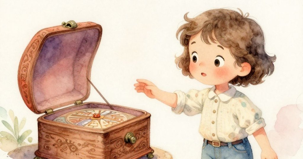 蕾娜發現刻有精美雕花的小胡桃音樂盒，臉上充滿驚奇與好奇，背景是溫馨的閣樓內景。