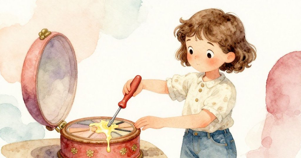 蕾娜小心使用彎曲螺絲起子調試緊閉的鎖扣，一邊顯示手部細節，另一邊呈現融蠟的底部。