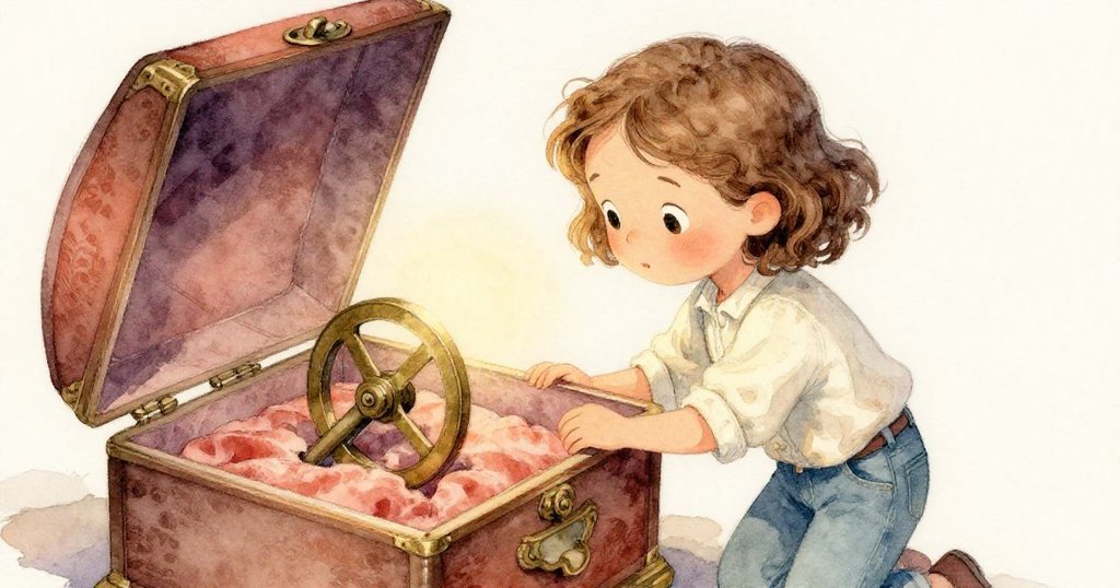 蕾娜探查略微打開的音樂盒內部，展現出陳舊天鵝絨襯裡與慢速銅輪，隱藏歷史秘密。