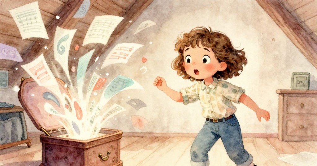 音樂盒發出急促音符如同追逐般在空中飄散，蕾娜驚訝躍動，營造出動感旋律。