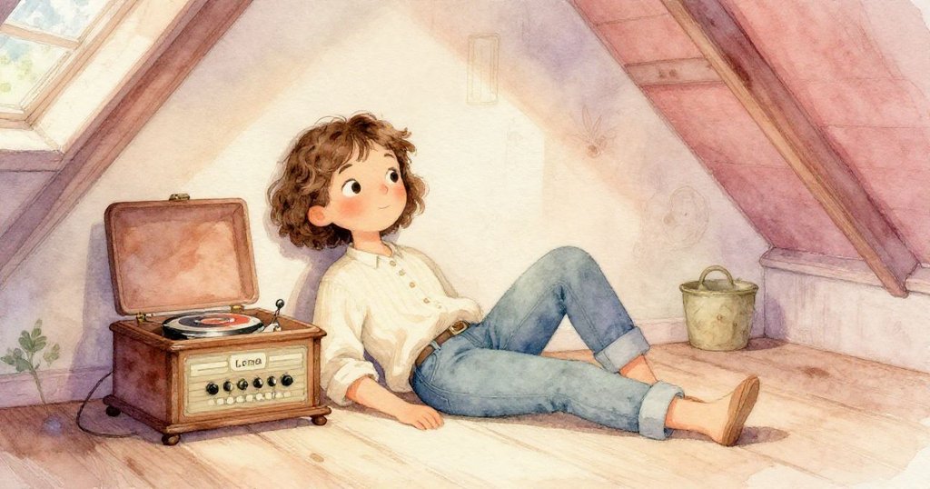 蕾娜坐在閣樓中安靜休憩，享受午後柔和光線中的破碎樂曲，心中滿溢淡淡美好情感。