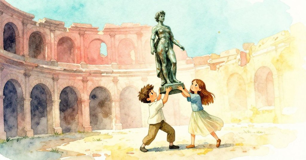 Leo與Maris在斜光下忙碌於古老劇場前，灰塵漫舞與傾斜石板中展現期待與專注，開展冒險旅程。