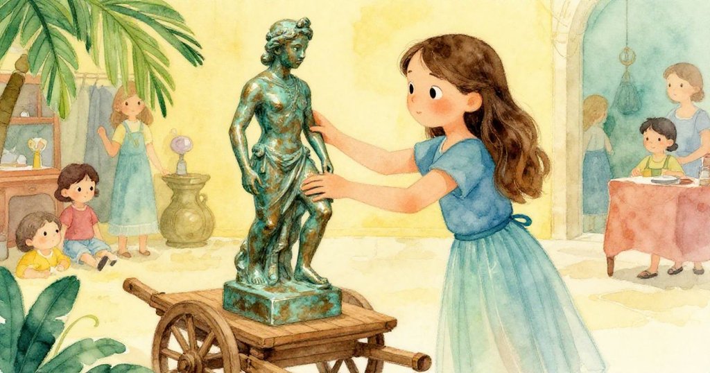 Maris細心調整銅像，近距離展示青銅光澤與舊車輪紋理，展現冒險前的認真準備。