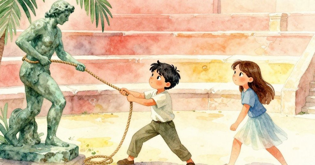 Maris用繩索固定銅像，專注拉扯中充滿堅毅，Leo守望旁側，背景呈現歷史痕跡與午後暖光。