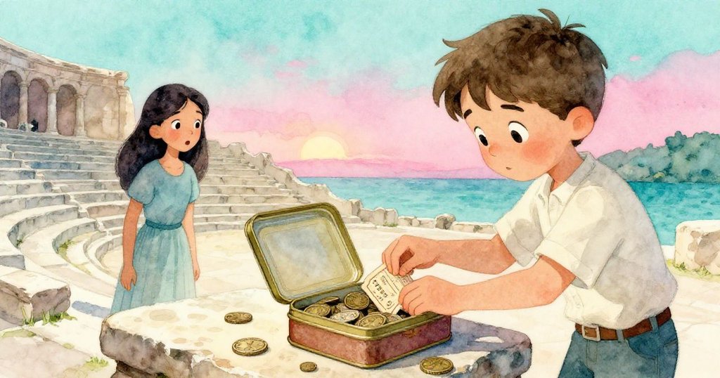 Leo細心打開錫盒，露出塵封銅幣與舊票，Maris驚愕注視，見證悠久秘密與發現奇蹟。