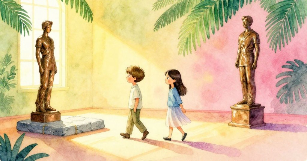 Leo與Maris輕鬆離開密封石板，空舞台在明亮陽光中滲透歷史情懷，預示著更多冒險故事。