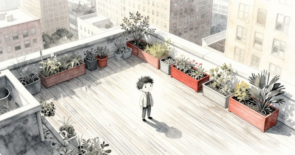 天空俯視全景，薩姆在屋頂花園忙碌，陳舊木板與銀痕映襯城市背景，他滿懷期待開始清晨冒險。