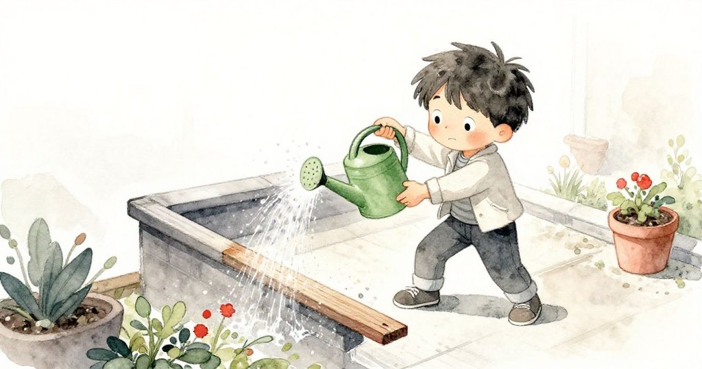 薩姆因舉起沉重澆水壺而尷尬，水花四濺灑落褲上，鬆動木板下突顯挑戰，從高處呈現努力與挫折。