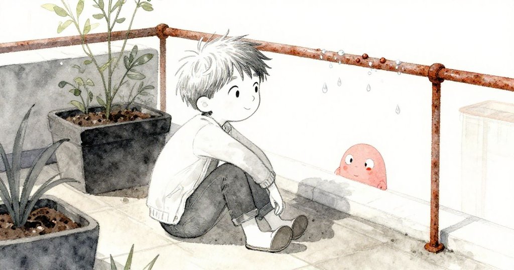 薩姆在屋頂花園中小憩，靜觀水滴洗淨鐵欄杆塵垢，神情專注沉思，準備調整下一步動作。