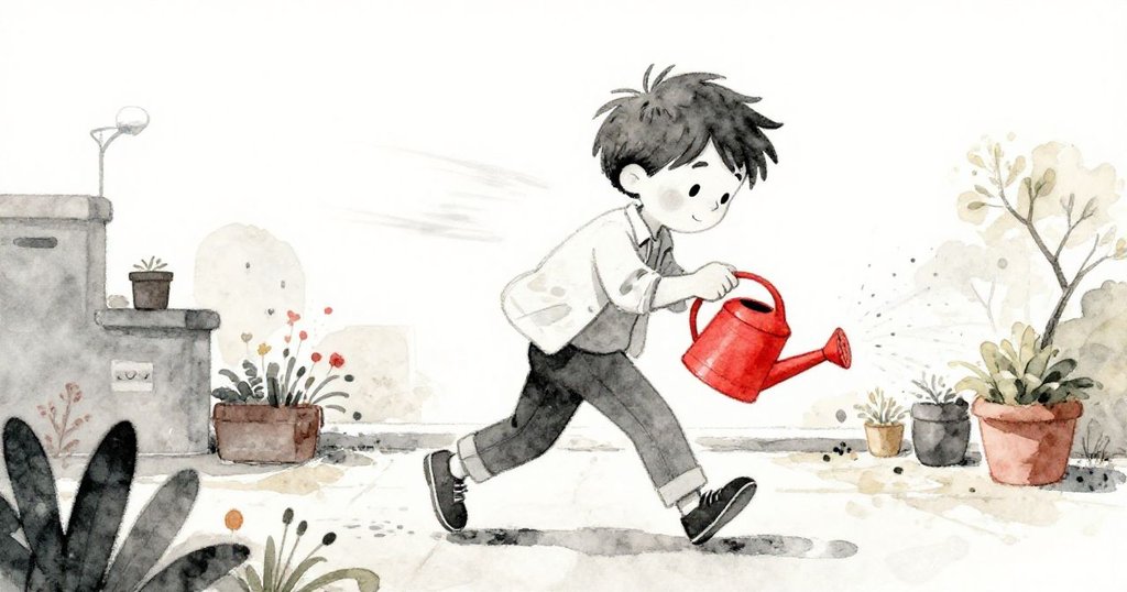 薩姆滿懷決心地運送輕便澆水壺，動作迅捷沿途水珠閃爍，展現屋頂花園中活力與進步。