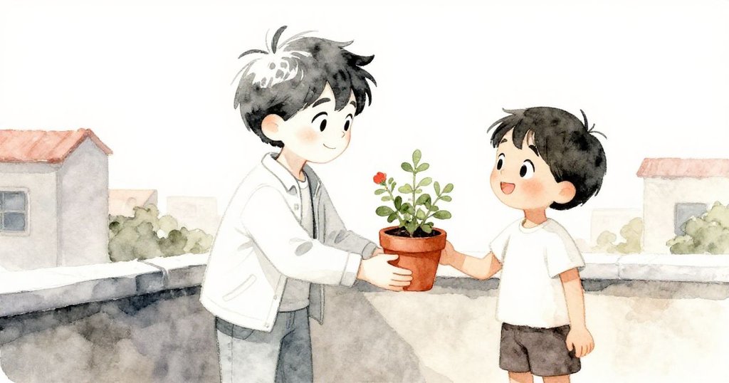 薩姆在黃昏時分將精心培育的小草藥遞給鄰家小孩，雙方滿臉笑容，温情交流展現豐收與感恩的美好結局。