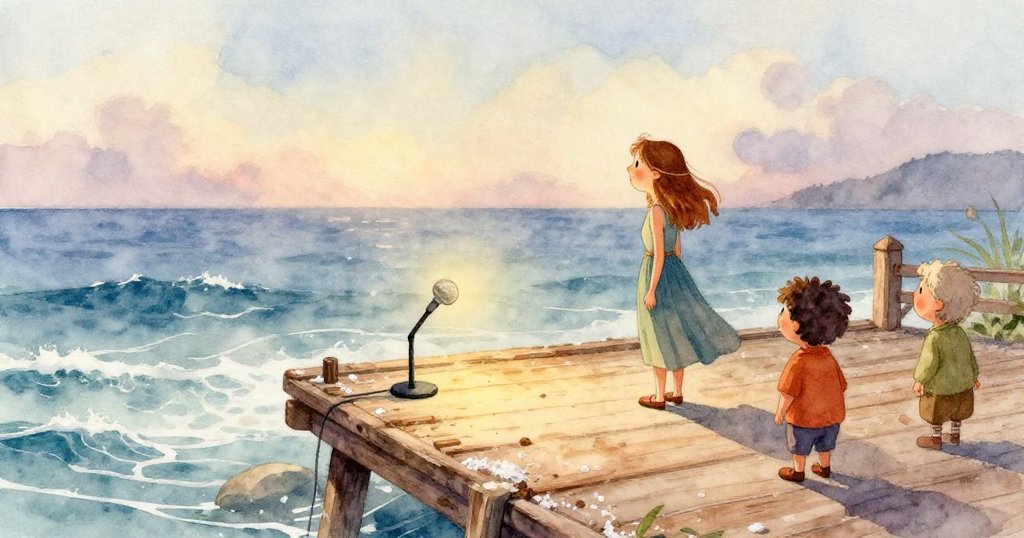 莉娜專注用雙手檢查麥克風電纜節點，細膩動作展現堅持與細心，環境充滿溫暖海邊氛圍