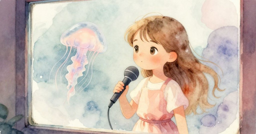 透過玻璃觀看，莉娜調整麥克風時旁有透明水母漂浮，神秘中流露堅定與輕柔情感