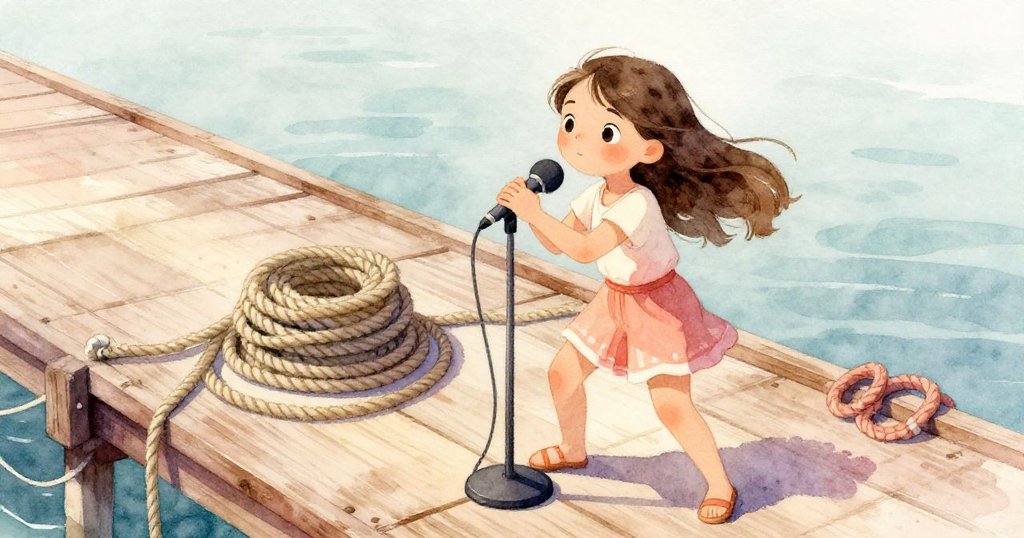 從高處俯瞰，莉娜靈敏地將麥克風架移至海繩後，風輕拂著碼頭木板，她充滿決心與專注