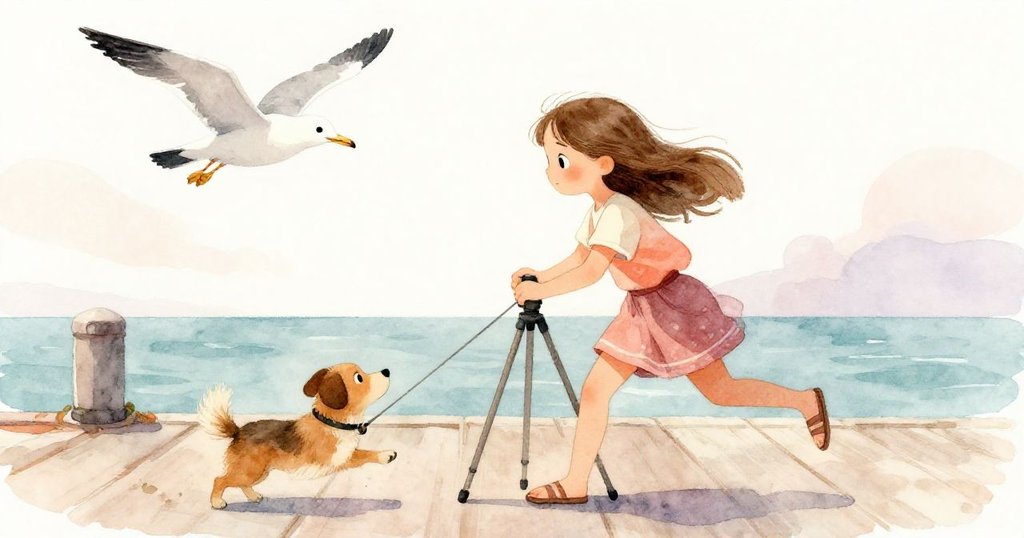 莉娜靈活調整裝置時，狗拉扯三腳架而海鷗振翅飛翔，她臉上焦急卻充滿專注，展現動感瞬間