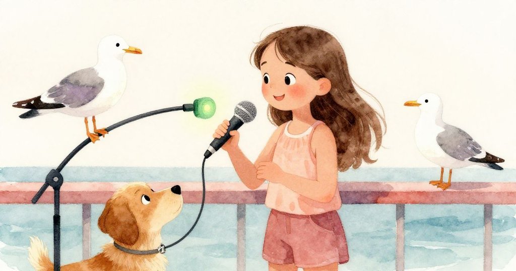 莉娜微笑固定麥克風裝置，狗乖巧站旁，海鷗安靜落在麥克風上，綠燈閃爍表達成功與友誼