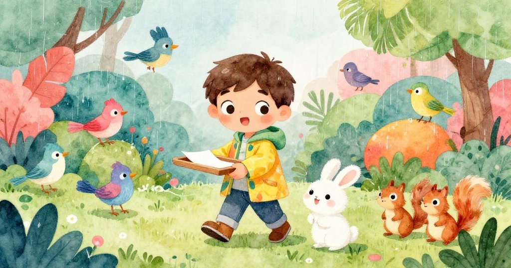 山姆在雨中走出家門，拿著托盤，周圍聚集著小鳥和松鼠，臉上展現期待與喜悅，環境生動充滿自然氣息。