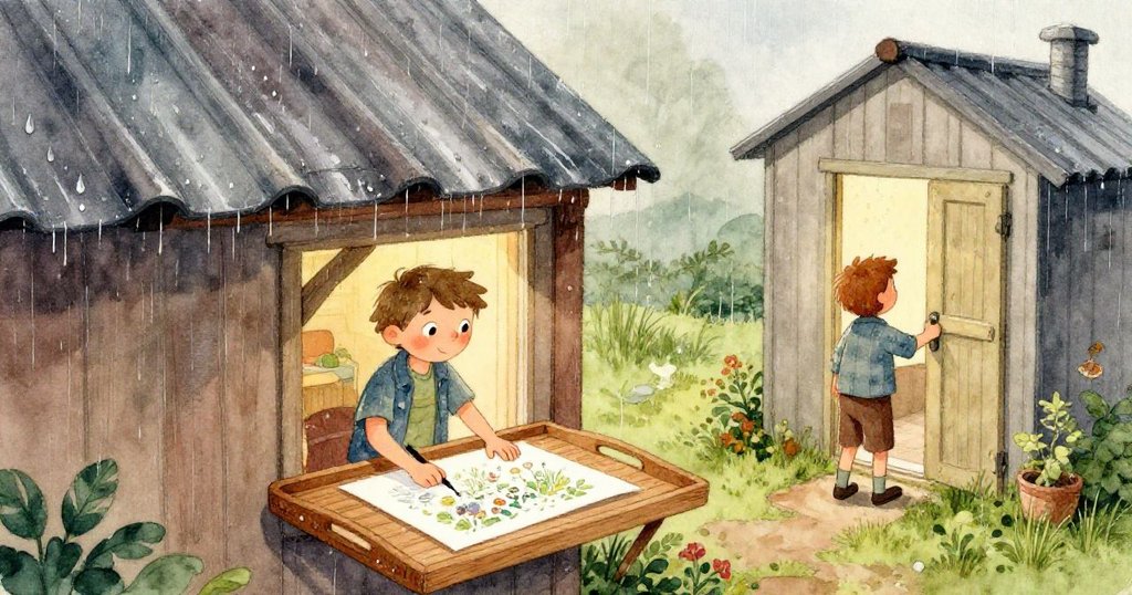 山姆的手正小心放置白紙於木盤上，聚焦木紋與雨滴細節，充滿期待與寧靜情調，開始展現意外創作之序幕。