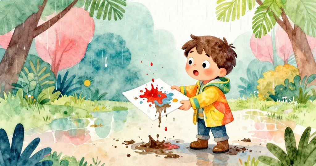 山姆在細雨中調整盤子，濕紙上混合著泥水與紅漆，水珠與反光營造出動感與變化的雨天情景。