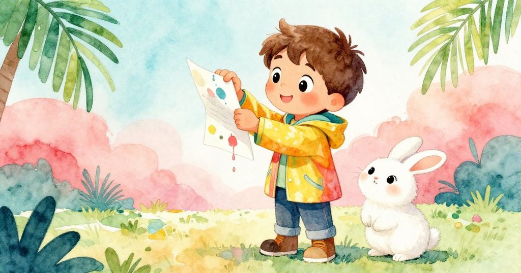 山姆臉上露出思考且溫暖的微笑，小心提起滴水染色的白紙，旁邊好奇兔子陪伴，展現創意與決心。