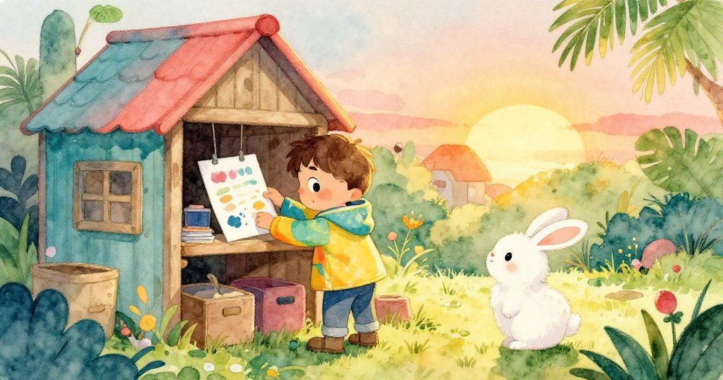 夕陽映照下山姆輕柔地將繪滿彩跡的紙放到棚上，兔子靜靜相伴，展現出祥和與滿足的結局。