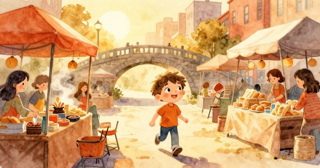 米洛在晨光中走進充滿木桌、亮麗攤位與拱橋的市集,臉上流露出興奮與好奇,場景溫暖生動。