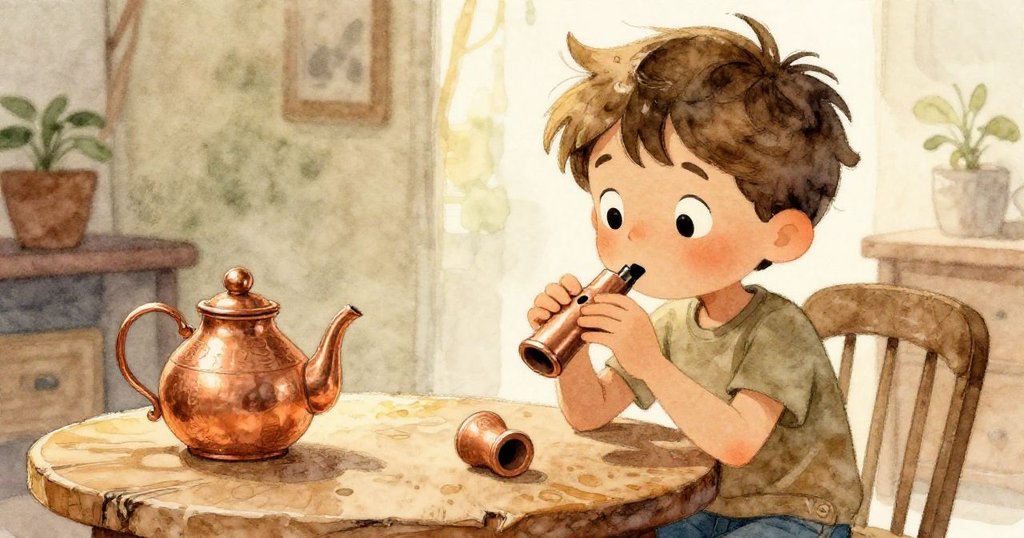 米洛在市集角落仔細端詳陶製笛子,神情充滿驚奇和期待,背景展現溫暖木質桌面與柔和光線。