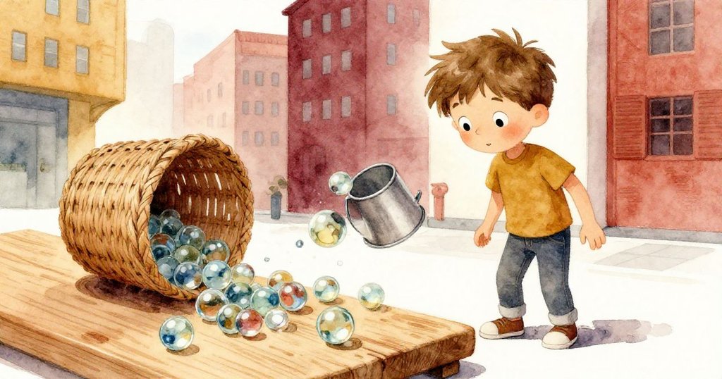 米洛不慎碰觸籃子,玻璃彈珠四散滾動撞擊鐵杯發出清脆聲,情景活潑稍帶驚訝。