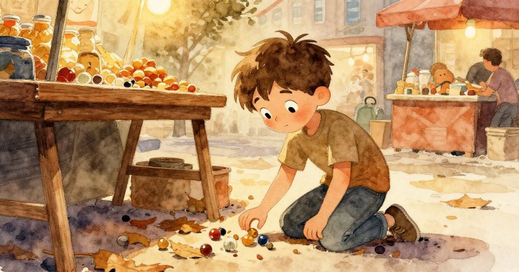 米洛在桌下跪尋失落寶物,柔和夕光與側燈輕映落塵與落葉,神情專注而溫暖。