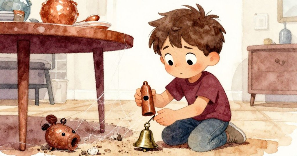 米洛細心清理桌下蜘蛛網與細塵,小心拾起陶笛與銅鈴,臉上堅定努力,情景溫柔動人。