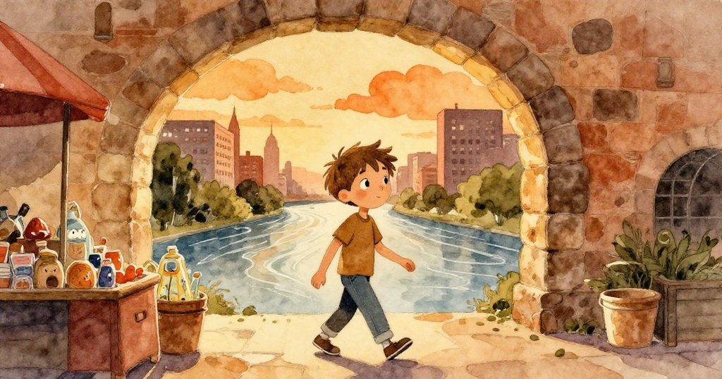 米洛提著心愛寶物走出市集,背對石拱橋與流水,夕雲低垂映出滿足與堅定,溫暖畫面收束冒險。
