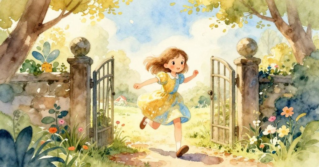 Lena 穿過大門走入金色陽光灑落的庭院，臉上滿是興奮與期待，環境充滿綠意和溫暖色調。