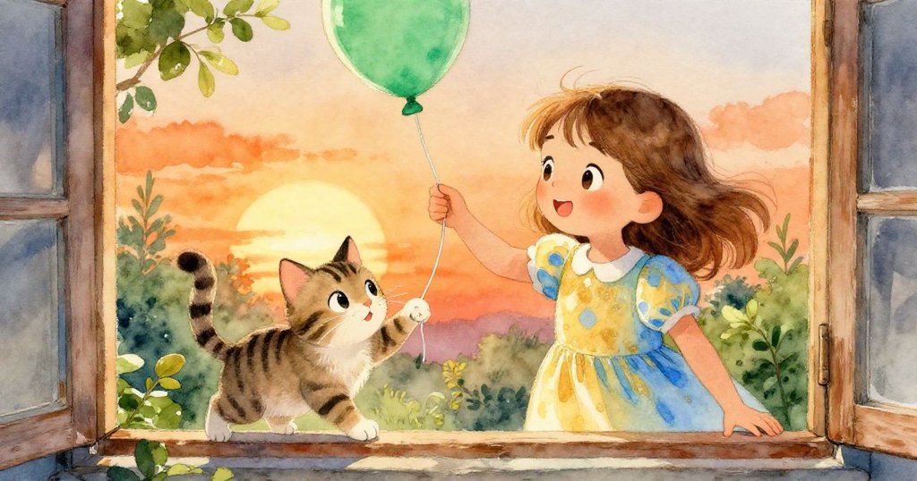 透過木質窗框可以看到條紋貓輕輕拍打綠色氣球的線，Lena在背景注視，窗外夕陽橙光溫暖，情景充滿童趣。