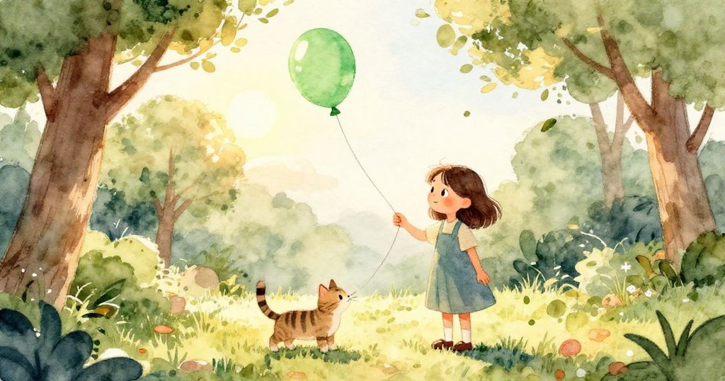 在樹林隱蔽角落中，綠色氣球被柔和落葉和細枝纏繞，畫面透露出神秘且寧靜的自然魅力。