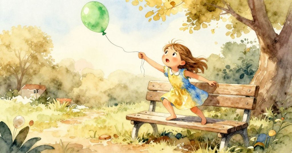 Lena小心攀上搖晃的長椅，努力解開纏繞的氣球線，表情專注且堅定，庭院中光線明亮，充滿溫暖與動感。